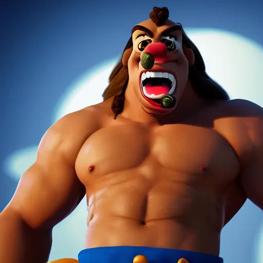 Prompt: a 3 / 4 portrait of a crazy goofy hercules, by antonio mello, 3 d nft, cgsociety, rendered in maya, unreal engine, octane render