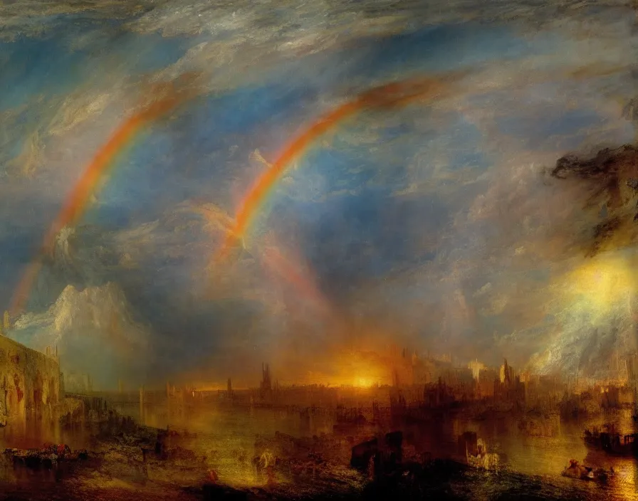 Prompt: Incredible pre-industrial city ultradetailed wonderful landscape by Turner, Tate gallery. Amazing colour scheme. Incredibly colourful. Rainbow. Stars falling. Incondescent sunshine