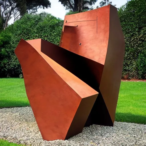 Image similar to a photorealistic abstract design of an sculpture built on corten steel in style of eduardo chillida, jorge oteiza, agustin ibarrola