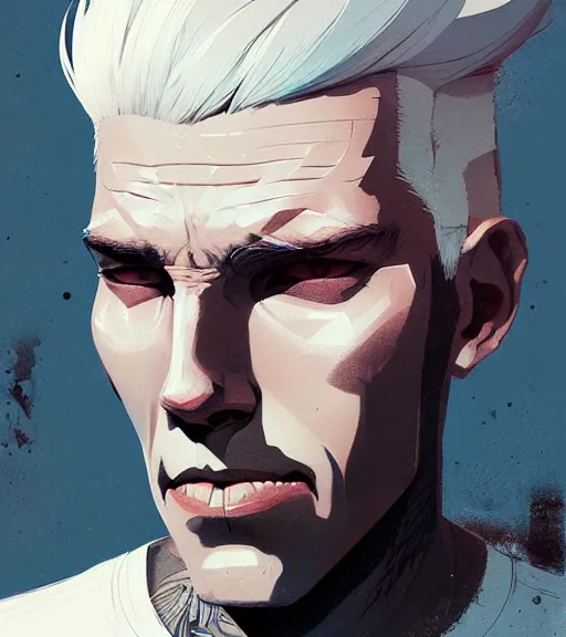 Prompt: portrait of a man white hair, white eyes, face tatooes by atey ghailan, by greg rutkowski, by greg tocchini, by james gilleard, by joe fenton, by kaethe butcher, dynamic lighting, gradient light blue, brown, blonde cream and white color scheme, grunge aesthetic