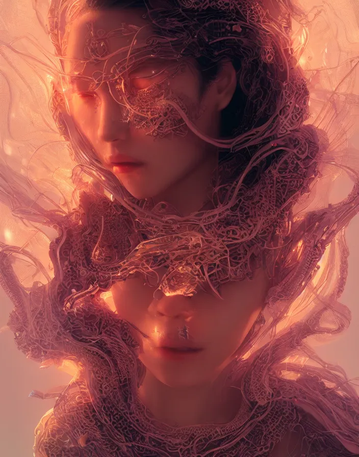 Image similar to goddess portrait. jellyfish phoenix head. intricate artwork by Tooth Wu and wlop and beeple. octane render, trending on artstation, greg rutkowski very coherent symmetrical artwork. cinematic, hyper realism, high detail, octane render, 8k