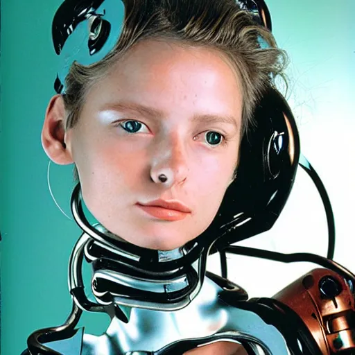 Prompt: portrait photo of a beautiful female cyborg. school book 1990s.