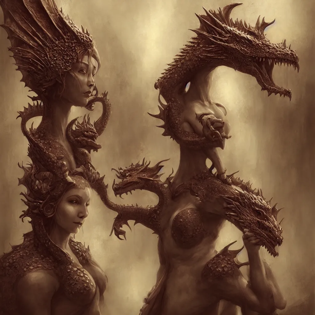 Image similar to a woman in a costume with a dragon on her head, an ultrafine detailed painting by Bastien Lecouffe-Deharme, featured on zbrush central, fantasy art, zbrush, detailed painting, ambient occlusion realistic cinematic style, filmed in 70mm, volumetric lighting, octane render, photographic, concept art, artist Leonardo DaVinci, unreal engine, 8k