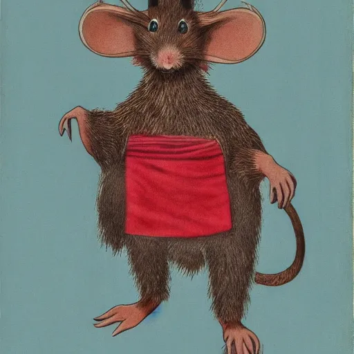 Image similar to a portrait of a human-rat hybrid with brown fur wearing a red kimono, cartoon