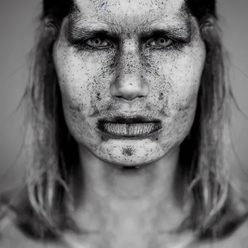 Image similar to minimalist photography portrait of a neanderthal woman, symmetrical, super close up, mid thirties, freckles, cute round slanted eyes, caucasian, wide nostrils, high cheekbones, high flat eyebrows, leica 1 0 0 mm f 0. 8