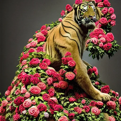 Prompt: a statue of a tiger [ made of [ roses ]!! ], [ 4 k photorealism ]!!, shot by jimmy nelson, irving penn, peter kemp, hans bellmer, and slim aarons