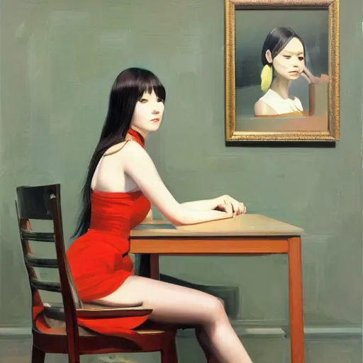 Prompt: oil painting by ilya kuvshinov,, baugh casey, rhads, coby whitmore, of a youthful japanese beauty, long hair, sitting on antique chair leaning against a desk, victorian room