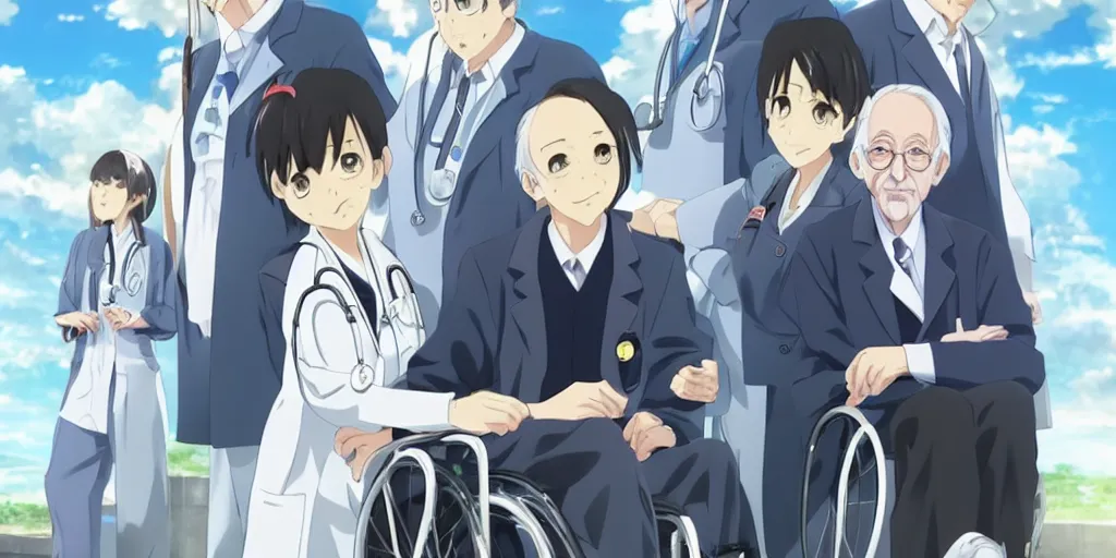 Image similar to a cute young female doctor wearing white coat, an old man of 80 years in a wheelchair, hospital ward, slice of life anime, cinematic, realistic, anime scenery by Naoshi Arakawa:8 and Makoto shinkai