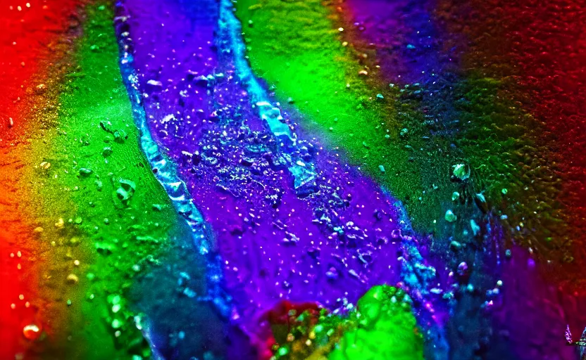 Image similar to warlock sumerge, beautiful rainbow liquid, rainbow oozing pool pit, cinematic lighting, various refining methods, micro macro autofocus, ultra definition, award winning photo