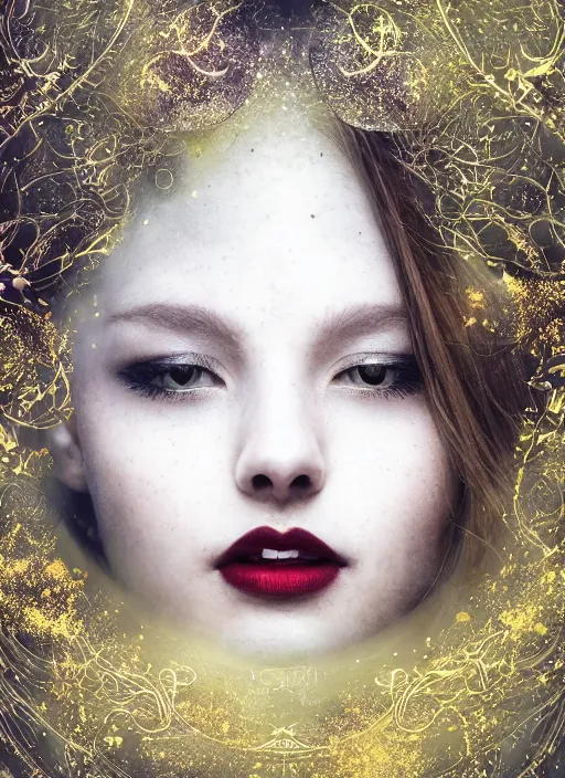 Image similar to white moon, glowing silver and golden elements, full close-up portrait, young female model from shutterstock as a dark witch, book cover, green forest, red lips, establishing shot, extremly high detail, photo-realistic, cinematic lighting, pen and ink, intricate line drawings, by Yoshitaka Amano, Ruan Jia, Kentaro Miura, Artgerm, post processed, concept art, artstation, matte painting, style by eddie, raphael lacoste, alex ross