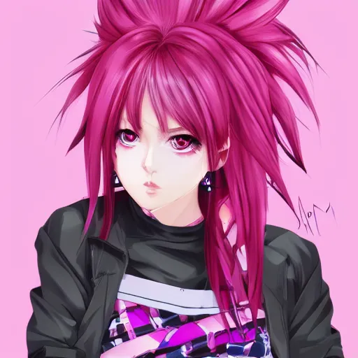 Image similar to full headshot portrait of anime woman with pink mohawk punk, digital art, drawn by WLOP, by Avetetsuya Studios, anime manga panel, trending on artstation, wearing a plaid shirt