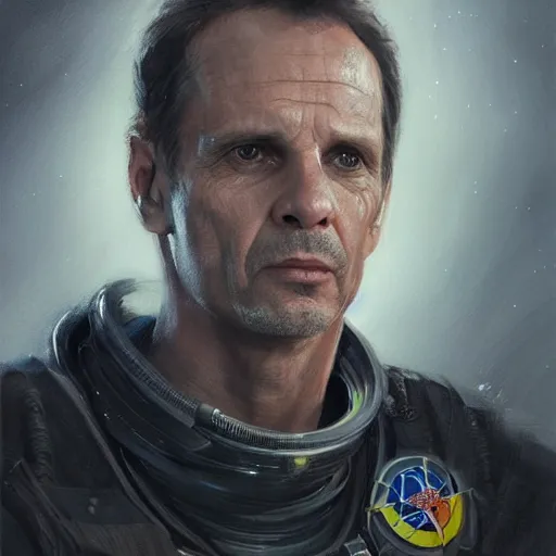 Image similar to portrait of a man by greg rutkowski, michael biehn as an space security officer, he is about 6 0 years old, military composure, wearing the tactical gear of weyland company, highly detailed portrait, digital painting, artstation, concept art, smooth, sharp foccus ilustration, artstation hq