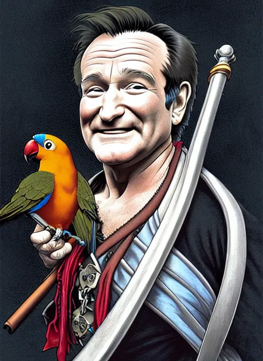 Image similar to robin williams as a pirate wearing black. parrot on his shoulder, on a pirate ship natural lighting, path traced, highly detailed, high quality, digital painting, by don bluth and ross tran and studio ghibli and alphonse mucha, artgerm