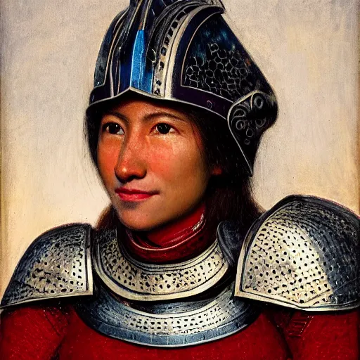 Prompt: head and shoulders portrait of a female knight, quechua!!, cuirass, tonalist, symbolist, realistic, baroque, detailed, modeled lighting, vignetting, indigo and venetian red, angular, smiling, eagle