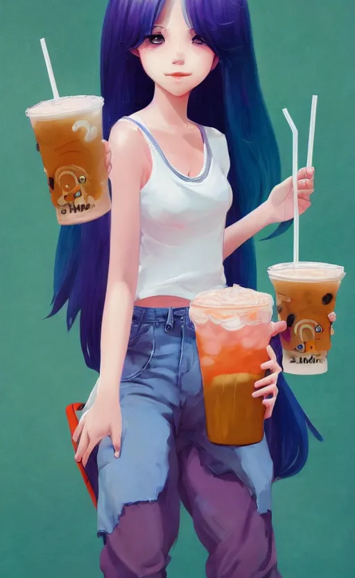 Image similar to a kawaii woman with rainbow hair, happy, summer time, holding boba tea drink, soft eyes and narrow chin, dainty figure, long hair straight down, kawaii shirt and jeans, basic white background, In style of by Jordan Grimmer and greg rutkowski, crisp lines and color