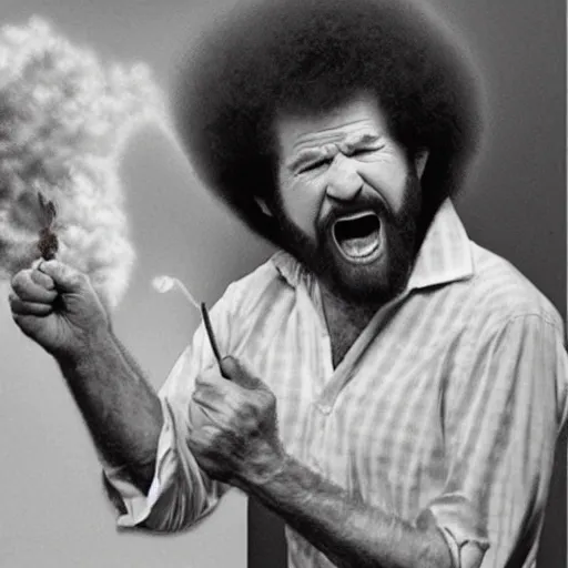 Image similar to insanely angry bob ross screaming at his painting mistake. smoke coming from ears.