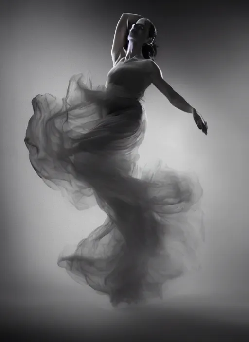 Image similar to a Photorealistic dramatic hyperrealistic render of a beautiful Female smoke dancer by Ken Brower and Deborah Ory of NYC Dance project,Lois Greenfield,Flowing cloth and smoke,Beautiful dynamic dramatic dark moody lighting,volumetric,shadows,cinematic atmosphere,Octane render,8K