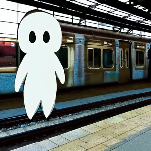 Image similar to a scary looking but very friendly transparent ghost at a train station in the style of a ghibli movie