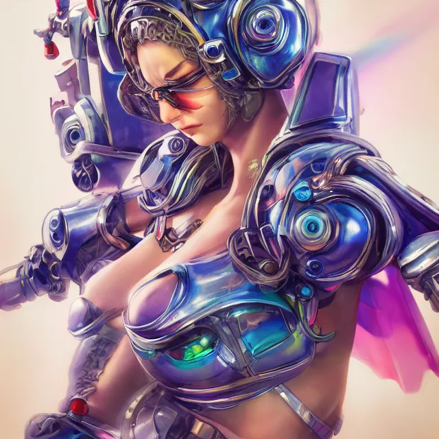 Image similar to studio portrait of lawful good colorful female holy mecha paladin absurdly beautiful, elegant, young swimsuit model, ultrafine hyperrealistic detailed face illustration by kim jung gi, irakli nadar, intricate linework, sharp focus, bright colors, matte, octopath traveler, final fantasy, unreal engine highly rendered, global illumination, radiant light, intricate environment