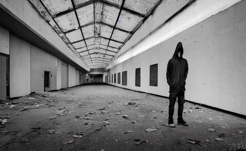 Image similar to a hooded figure, standing in a dark abandoned mall, photography