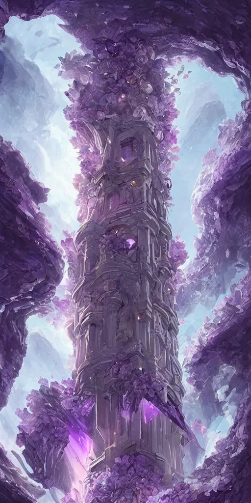 Prompt: an detailed beautiful tower built inside of a giant amethyst geode, sharp contrast, fantasy, digital painting, stunning, intricate, highly detailed, artwork by ross tran, artgerm
