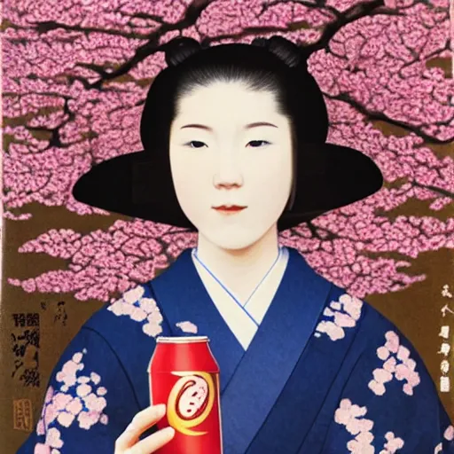 Image similar to a Portrait up to the chest, a Japanese woman, smooth, wearing a kimono made of cherry blossoms,holding a cola can,smiled sardonically, created by Raffaello Sanzi.