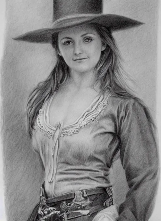 Image similar to 1 8 0 0 s style full body detailed pencil drawing of a cowgirl beautiful face, realistic