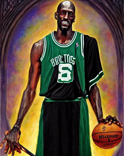 Image similar to portrait of boston celtics kevin garnett as a wizard at hogwarts, full body, wizard ing robe, mystical, magic wand, oil on canvas by william sidney mount, award winning