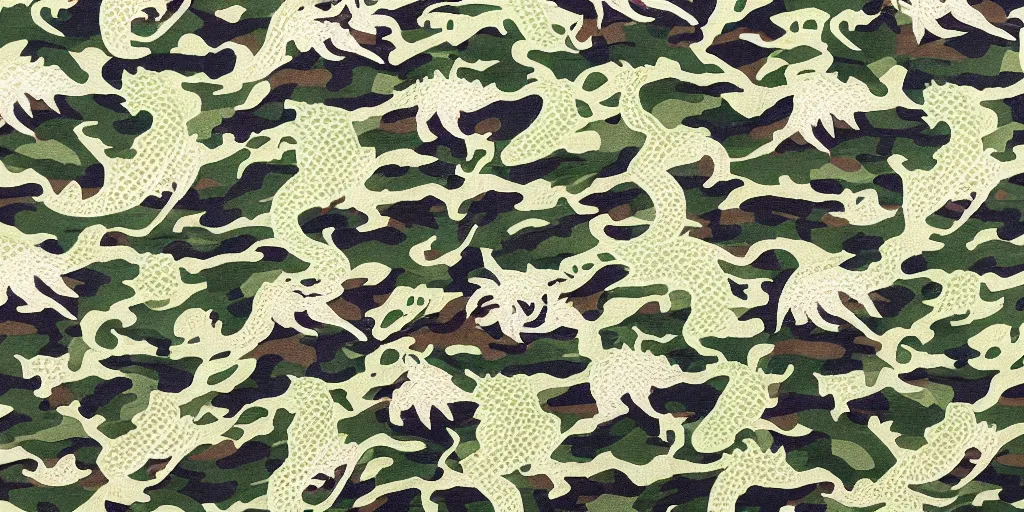 Prompt: detailed camo pattern fabric with dragon illustrations