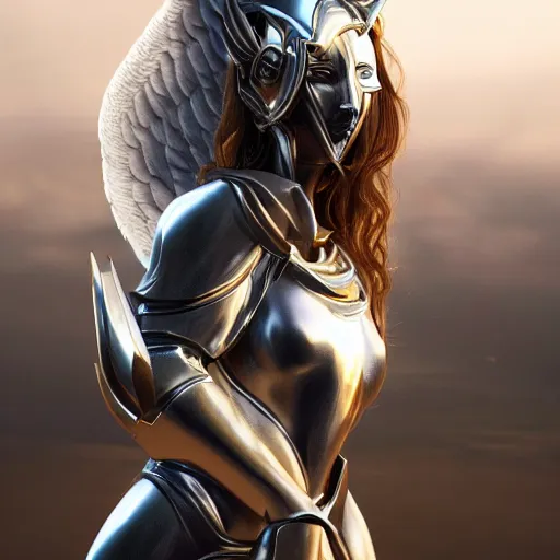Image similar to hyper realistic portrait of beautiful woman angel with white and gold armor celestial white city is behind, in the sky 8 k, hi definition, octane render her glance is so spiritual