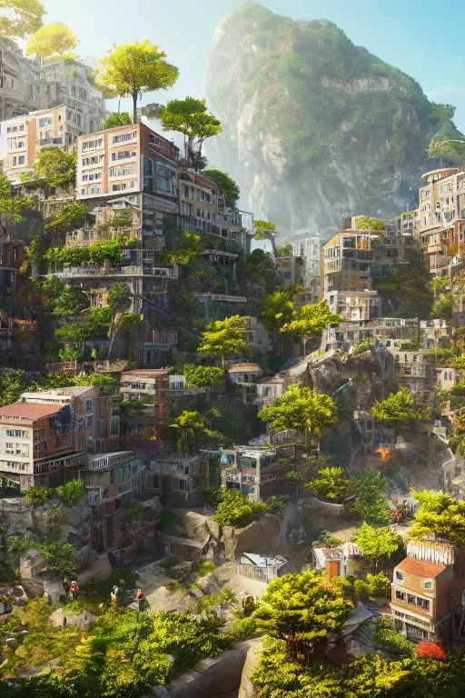 Prompt: photo of an beautiful sunny day environment concept art on a cliff, architecture by kengo kuma, ian hubert and wes anderson with village, residential area, mixed development, highrise made up staircases, balconies, full of glass facades, cgsociety, fantastic realism, volumetric light, hyperdetailed, artstation hq