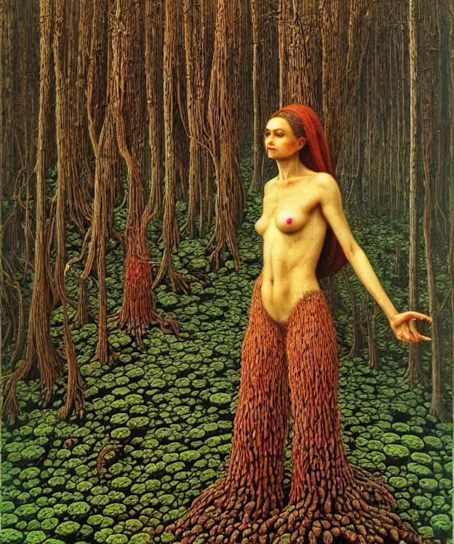 Prompt: A detailed funguswoman stands among the mushroom forest. Wearing a ripped mantle, robe. Perfect faces, extremely high details, realistic, fantasy art, solo, masterpiece, art by Zdzisław Beksiński, Ivan Bilibin, Dariusz Zawadzki