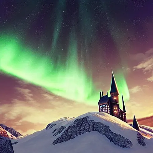 Image similar to “Hogwarts School of Witchcraft and Wizardry with the norther lights in the background. 4k, 8k, unreal 5, very detailed, hyper control-realism,.”