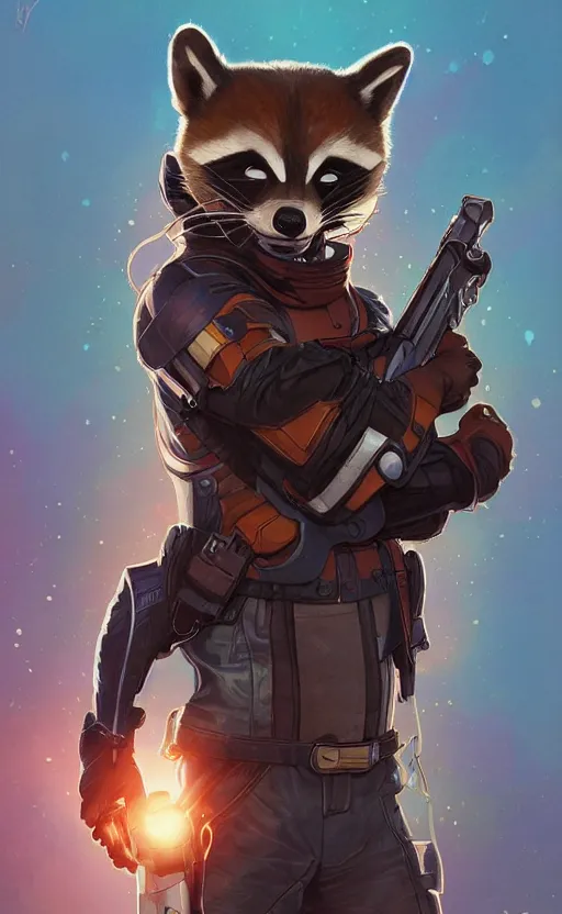 Prompt: Rocket Raccoon, highly detailed, digital painting, artstation, standing, facing camera, concept art, smooth, sharp focus, illustration, art by artgerm and alphonse mucha, high definition digital art, dramatic lighting, in the style of ilya kuvshinov and Ross tran