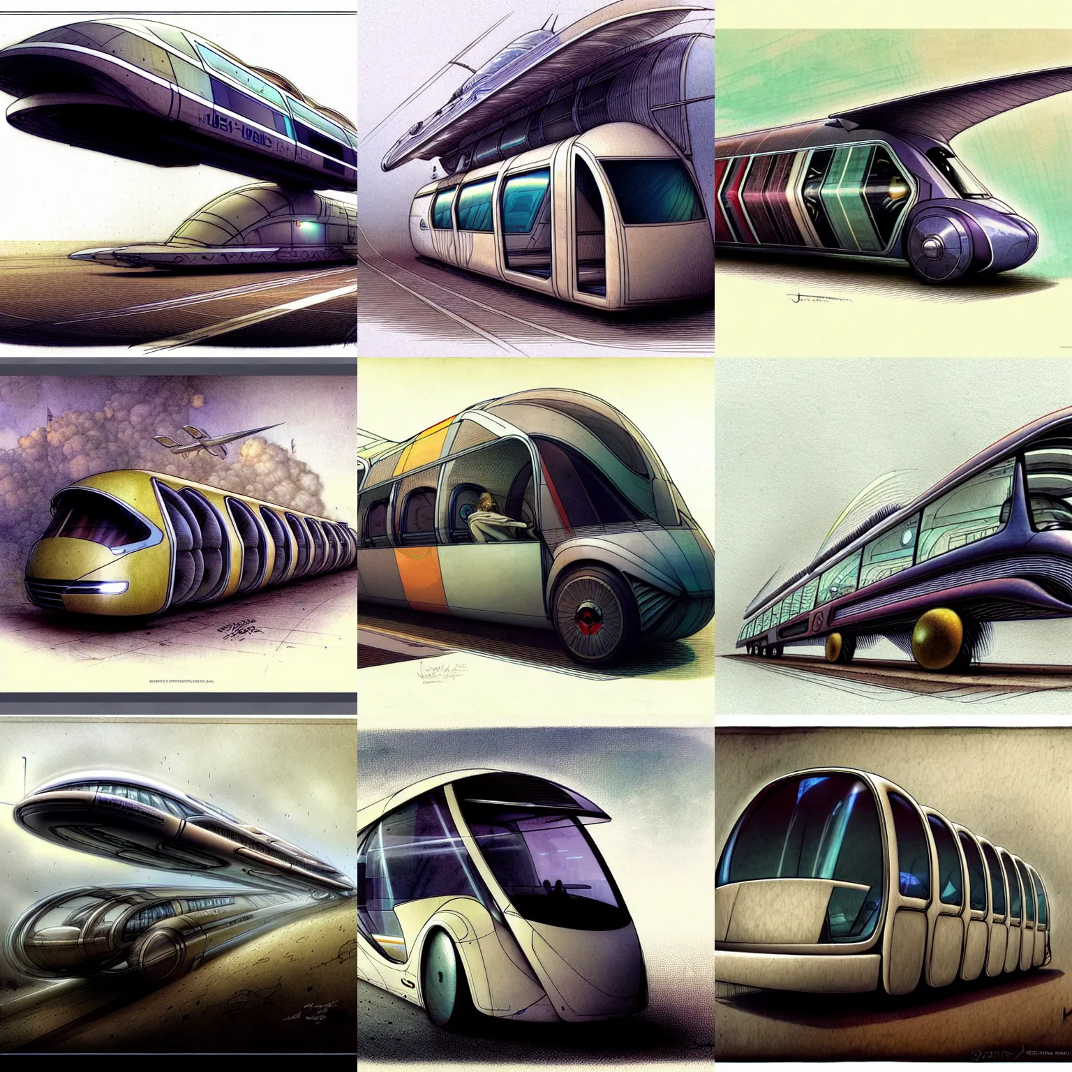 Image similar to design, a futuristic jet bus vehicle, borders, lines, decorations, muted colors, by jean - baptiste monge
