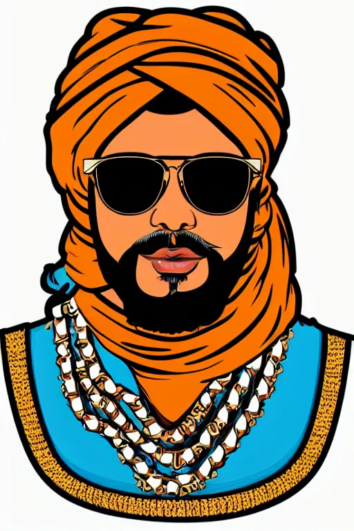 Prompt: portrait of an rajasthani man with beard and turban wearing cool sunglasses and goldchains, art by butcher billy, sticker, colorful, illustration, highly detailed, simple, smooth and clean vector curves, no jagged lines, vector art, smooth
