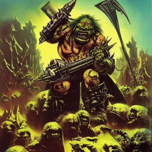 Image similar to Heavy metal Ork, Orkboy, Ork, 80s metal, mohawk, shaggy hair, New Wave of British Heavy Metal, Frank Frazetta, pulp art, illustration