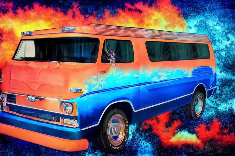 Prompt: a photo of a dark blue metallic 1 9 7 2 chevy g 1 0 panel van with an awesome airbrushed scene of a monster made of colorful coral reef emerging from the sea, 8 0 s synthwave, airbrushed, trapper keeper, lightning, explosions, creature