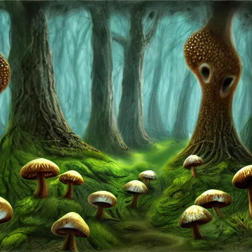 Prompt: mushroom monsters, moss, forest background, detailed, digital art, digital panting, lovecraft