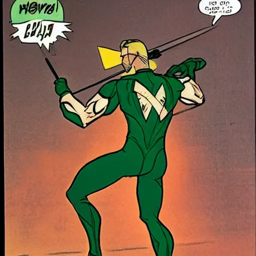 Image similar to The Green Arrow action pose, view from behind looking over shoulder, drawing an arrow from his quiver, comic book cover style