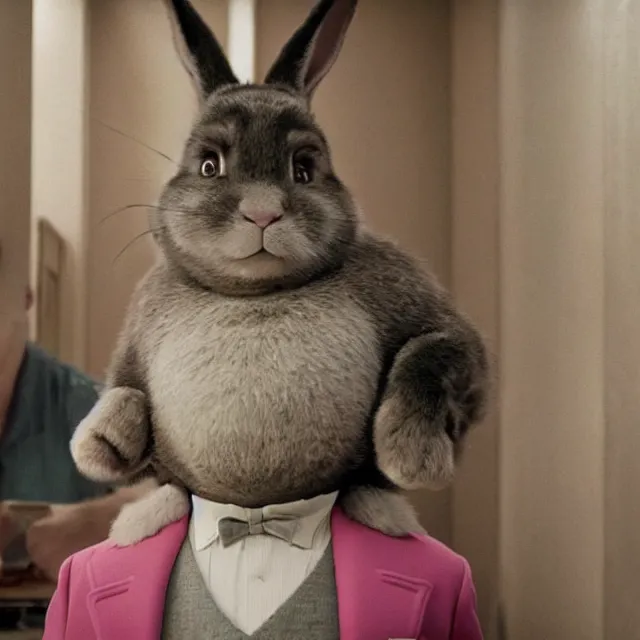 Prompt: A badass photo of the real life looney tunes big chungus in the movie The Grand Budapest Hotel (2014), hyper detailed, award winning photography, perfect faces, 50 mm