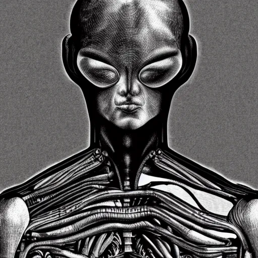 Prompt: detailed blueprint of an alien cyborg, black and white style by leonardo davinci