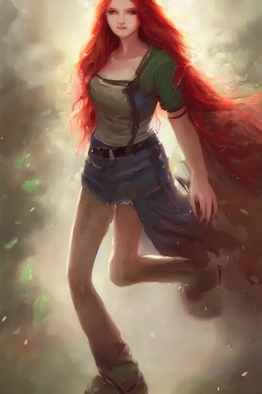 Image similar to beautiful cute red haired joyful and playful nineteen year old maiden standing up in casual green clothing, long hair, modern city, rpg character, sci - fi, fantasy, intricate, elegant, digital painting, artstation, concept art, smooth, 8 k frostbite 3 engine, ultra detailed, art by artgerm and greg rutkowski and magali villeneuve