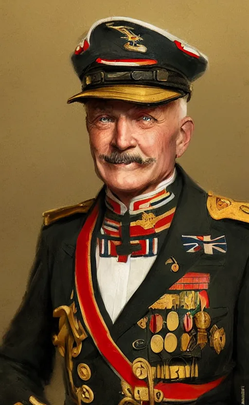 Image similar to official Portrait of a smiling WWI admiral, male, cheerful, happy, detailed face, 20th century, highly detailed, cinematic lighting, digital art painting by greg rutkowski