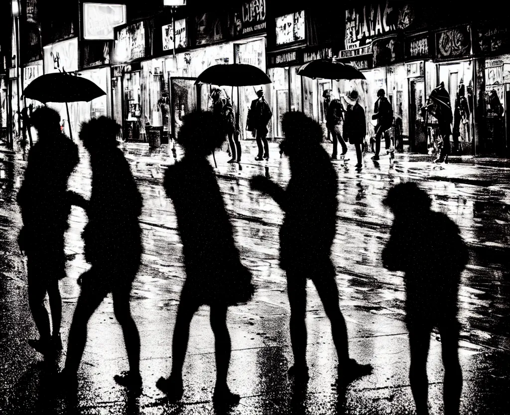 Prompt: night flash photography of punks on the lower east side in the rain!!! by Nick Silva and Margaret Keane, color photography, street photography, photorealistic, nighttime, rain, atmospheric,