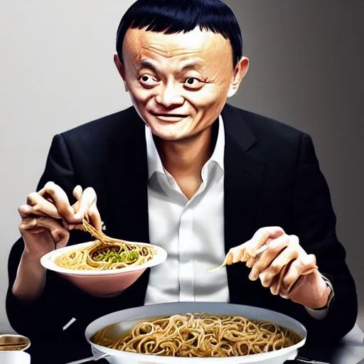 Prompt: a photorealistc digital art of jack ma eating noodles, award winning photography, trending on artstation