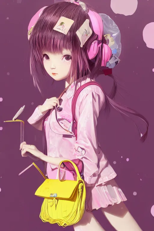 Image similar to lovely japanese girl, pink hair covered with hairpins, big eyes, yellow lolita jacket, huge schoolbag, pink shorts, inflatable sandals. future technology,, fantasy art by saruei and guweiz and ilya kuvshinov, sleek curves, intricate sharp focus, trending on artstation hq, deviantart, pinterest, unreal engine 5, 4 k uhd image