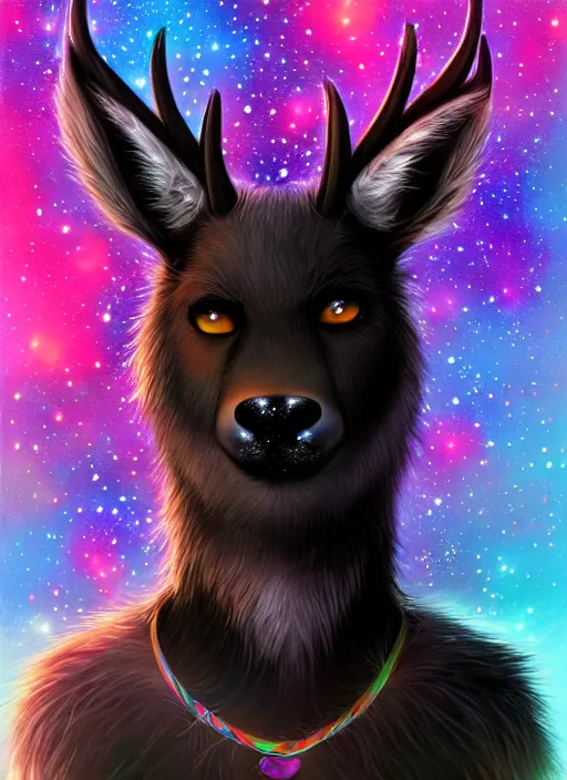 Image similar to award winning beautiful portrait commission of a male furry anthro Black Reindeer fursona with a tail, wings and a cute beautiful attractive detailed furry face wearing stylish black and rainbow galaxy clothes in a outerspace city at night while it rains. Character design by charlie bowater, ross tran, artgerm, and makoto shinkai, detailed, inked, western comic book art