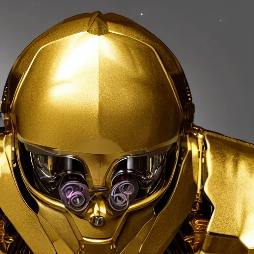 Image similar to gold sci fi helmet design, robotic pieces, clear opaque mask, cables, ridley scott, neill blomkamp, weta digital, realistic ceinmatic lighting, ultra detailed, hyper realism, 8k, low angle