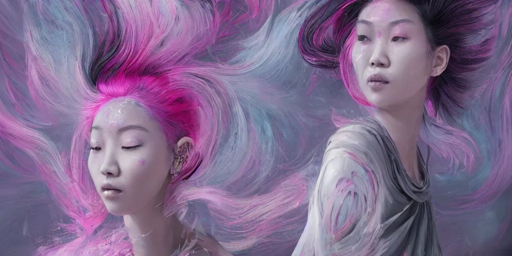 Image similar to a portrait of a very beautiful young asian goddess with pink and grey hair radiating an artwork made of swirling paint and impasto by wlop and ian mcque, background is multicoloured volumetric displacement, hyperrealism, subsurface scattering, arnold render, noise to volume, 8 k, houdini, xparticles